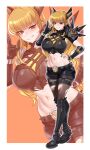  1girl absurdres armor armored_boots belt black_armor black_belt black_boots black_gloves black_nails black_pantyhose black_shorts blonde_hair blue_eyes blunt_bangs boots border breasts commentary_request commission crop_top crossed_legs dogs_(dlrkdejr26) earclip earrings elbow_gloves elbow_spikes full_body garter_straps gauntlets gloves grin hand_on_own_hip hand_up headgear highres jewelry korean_commentary large_breasts long_hair looking_at_viewer magik_(x-men) marvel marvel_rivals midriff navel orange_background pantyhose short_shorts shorts shoulder_spikes sidelocks single_elbow_glove smile solo spikes standing teeth thigh_boots torn_clothes torn_pantyhose watson_cross white_border x-men zoom_layer 