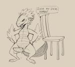  2020 anthro avian bodily_fluids chair daftpatriot english_text erection furniture genital_fluids genitals greasel hi_res male penis reptile scalie smile text 