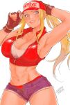  1girl absurdres baseball_cap blonde_hair blue_eyes blush breasts cleavage denim denim_shorts fatal_fury fatal_fury_cap fingerless_gloves genderswap genderswap_(mtf) gloves hat highres large_breasts long_hair looking_at_viewer micro_shorts midriff misodiru navel open_mouth ponytail shorts simple_background smile snk snk_heroines:_tag_team_frenzy solo terry_bogard the_king_of_fighters 