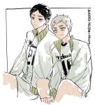  2boys adam&#039;s_apple black_hair blue_eyes closed_mouth coco_(238243) collared_jacket commentary crew_neck cropped_legs grey_eyes grey_hair haikyuu!! highres hoshiumi_kourai jacket kageyama_tobio long_sleeves looking_ahead male_focus multiple_boys open_clothes open_jacket parted_bangs parted_lips popped_collar shirt shorts sitting sportswear unzipped volleyball_uniform white_background white_shorts zipper 