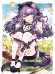  1girl :d ankle_belt au_ra black_bow black_ribbon black_skirt book border bow bug butterfly candle final_fantasy final_fantasy_xiv glowing_butterfly grass hair_bow head_tilt heterochromia highres horns hugging_own_legs legs_together long_hair looking_at_viewer mary_janes miniskirt monster_girl neck_ribbon outside_border pink_eyes purple_eyes purple_hair ribbon scales shirt shoes sitting skirt smile solo tamagodyooo thighhighs tiles warrior_of_light_(ff14) watch white_border white_shirt white_thighhighs wristband wristwatch yellow_butterfly 