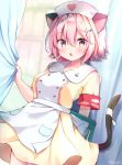  1girl alternate_costume anchor animal_ears blush breasts cat_ears cat_girl cat_tail clipboard commentary_request fang hat highres kantai_collection kemonomimi_mode large_breasts masayo_(gin_no_ame) nurse nurse_cap open_mouth pink_hair short_hair short_sleeves solo syringe tail tama_(kantai_collection) 