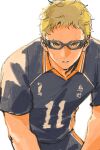  1boy black-framed_eyewear blonde_hair collared_shirt commentary_request cowboy_shot glasses haikyuu!! highres karasuno_volleyball_uniform killuaz1130 looking_at_viewer male_focus parted_lips shirt short_hair short_sleeves shorts simple_background solo sportswear sweat teeth tsukishima_kei very_short_hair volleyball_uniform white_background wing_collar yellow_eyes 