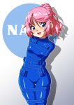  1girl :d absurdres blue_bodysuit blue_eyes bodysuit bound bound_arms bound_legs breasts daikinbakuju drop_shadow gradient_background grey_background highres looking_at_viewer nasa original pink_hair ponytail pouch small_breasts smile solo teeth tied_up_(nonsexual) upper_teeth_only white_background 