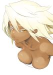  1girl bare_shoulders beltbra blonde_hair breasts cleavage closed_mouth dark_skin guilty_gear guilty_gear_xrd long_hair looking_at_viewer orange_eyes ramlethal_valentine simple_background solo white_background zaki_(narashigeo) 