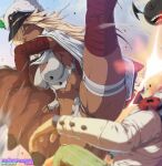  1boy 1girl animeflux arm_up armpits artist_name bandaged_arm bandages blonde_hair breasts buttons cape clover commentary dark-skinned_female dark_skin double-breasted english_commentary explosion faust_(guilty_gear) fingerless_gloves four-leaf_clover frown gloves guilty_gear hair_over_one_eye hat kicking large_breasts long_hair orange_eyes peaked_cap ramlethal_valentine red_bandage shirt short_shorts shorts skindentation spread_legs thigh_strap torn_clothes torn_shirt torn_shorts variant_set web_address white_cape white_gloves white_shorts yellow_eyes 