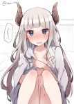 1girl anger_vein bangs blue_eyes blunt_bangs covering covering_breasts demon_horns eleanor_(ikeuchi_tanuma) embarrassed feet_out_of_frame grey_hair grey_shirt horns ikeuchi_tanuma knees_up long_hair looking_at_viewer naked_shirt open_clothes open_shirt original shirt sitting solo spoken_squiggle squiggle tears unfinished_background 