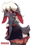  :&lt; absurd_res accessory anthro bare_shoulders bloomers blush bottomwear bow_ribbon breasts bustier butt clothed clothing ears_down female fur furgonomics grey_body grey_fur hair hair_accessory hairband hi_res kemono lagomorph leporid looking_at_viewer looking_back magiace mammal pivoted_ears ponytail rabbit rear_view red_eyes shirt_collar simple_background skirt solo standing white_background white_hair 