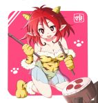  big_breasts blush breasts cleavage clothed clothing cute_fangs drum drumming_stick duel_monster female hair holding_object horn humanoid humanoid_pointy_ears inukai_ao kneeling konami looking_at_viewer musical_instrument open_mouth percussion_instrument percussion_mallet red_eyes red_hair smile solo thunder_nyan_nyan yu-gi-oh 