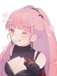  1girl :q artist_name black_gloves breasts candy chocolate chocolate_heart cleavage closed_mouth earrings fire_emblem fire_emblem:_three_houses food gloves heart highres hilda_valentine_goneril holding inkanii jewelry long_hair one_eye_closed pink_eyes pink_hair ponytail simple_background solo tongue tongue_out upper_body white_background 
