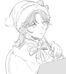  1boy 2065524089 androgynous art_brush bow canvas_(object) capelet edgar_valden edgar_valden_(cozy_christmas_eve) fur-trimmed_capelet fur-trimmed_headwear fur_trim hat holding holding_paintbrush identity_v lowres monochrome otoko_no_ko paintbrush painting_(action) parted_bangs ponytail santa_hat sketch unfinished 