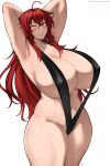  1girl ahoge armpits arms_behind_head batako_(batakoart) black_slingshot_swimsuit blush breasts commentary curvy english_commentary high_school_dxd highres huge_breasts long_hair one_eye_closed red_hair rias_gremory simple_background slingshot_swimsuit solo swimsuit thick_thighs thighs white_background 