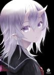  1girl :&lt; artist_name bangs black_background black_sailor_collar black_shirt capriccio closed_mouth commentary_request copyright_request eyebrows_visible_through_hair grey_hair hair_between_eyes horns long_hair looking_at_viewer looking_to_the_side neckerchief oni oni_horns pointy_ears purple_eyes red_neckwear sailor_collar school_uniform serafuku shirt signature simple_background solo upper_body 