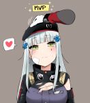  1girl bandages blue_eyes blue_hair blush breasts cleavage girls_frontline gloves green_eyes grey_background hair_ornament heart highres hk416_(girls_frontline) jacket junsuina_fujunbutsu looking_at_viewer petting pov simple_background smile solo spoken_heart torn_clothes white_gloves 