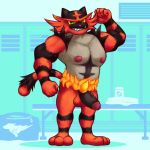  1:1 2020 absurd_res anthro balls bench biceps big_balls big_muscles big_penis black_body bulkybun clothed clothing deodorant detailed_background digital_media_(artwork) duffelbag felid feline fingers fire front_view fur genitals green_eyes hi_res incineroar locker locker_room looking_at_viewer male mammal muscular muscular_male nintendo nipples nude pecs penis pok&eacute;mon pok&eacute;mon_(species) red_body red_fur sharp_teeth smile solo teeth towel uncut video_games 