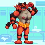  1:1 2020 absurd_res anthro areola bench biceps big_areola big_muscles big_nipples black_body bulge bulkybun clothed clothing deodorant detailed_background digital_media_(artwork) duffelbag felid feline fingers fire front_view fur green_eyes hi_res incineroar locker locker_room looking_at_viewer male mammal mostly_nude muscular muscular_male nintendo nipples pecs pok&eacute;mon pok&eacute;mon_(species) red_body red_fur sharp_teeth smile solo teeth thong towel underwear video_games 