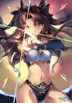  1girl armlet asymmetrical_sleeves bangs bare_shoulders bikini black_bikini_bottom black_bow black_hair bow breasts bridal_gauntlets cleavage closed_mouth detached_collar earrings fate/grand_order fate_(series) gold_trim hair_bow highleg highleg_bikini hoop_earrings ishtar_(fate)_(all) ishtar_(fate/grand_order) jewelry light_rays long_hair looking_at_viewer medium_breasts navel neck_ring outstretched_arm parted_bangs pointing shimozuki_shio single_sleeve smile solo sparkle swimsuit tiara two_side_up white_bikini_top yellow_eyes 