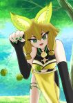  1girl absurdres animal_ear_fluff animal_ears bell black_gloves blonde_hair breasts detached_sleeves duel_monster elbow_gloves fox_ears fox_girl gloves green_eyes green_nails highres holding holding_pendulum hu-li_the_jewel_mikanko japanese_clothes leaning_forward looking_at_viewer medium_breasts midriff neck_bell open_mouth pendulum smile solo yeouman35 yu-gi-oh! 