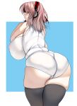  1girl arched_back ass bare_shoulders black_legwear blue_background blue_eyes breasts commentary_request curvy from_behind headphones highres huge_breasts large_breasts long_hair masao original pink_hair plump see-through skindentation solo thick_thighs thighhighs thighs white_background 
