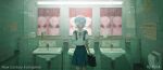  1girl absurdres artist_name ayanami_rei bandage_over_one_eye bandaged_arm bandages bathroom blue_hair blue_skirt briefcase cast ceiling_light closed_mouth collared_shirt commentary_request copyright_name different_reflection expressionless faceless faceless_female hair_between_eyes highres holding holding_briefcase indoors light_particles miniskirt mirror neck_ribbon neon_genesis_evangelion pleated_skirt red_eyes red_ribbon reflection ribbon school_uniform shirt short_hair short_sleeves single_bare_arm sink skirt solo standing straight-on suspender_skirt suspenders tile_wall tiles toilet_paper tokyo-3_middle_school_uniform topless_female white_shirt yolk_(user_sssk5878) 