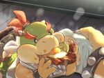  2boys bowser bowser_jr. bracelet bread bread_slice commentary_request eating father_and_son food fried_egg fried_egg_on_toast furry furry_male highres holding holding_food horns jewelry male_focus mario_(series) multiple_boys parent_and_child red_hair spiked_bracelet spiked_shell spikes toast wau_(wawwarks0074) 