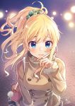  1girl bag bekkourico blonde_hair blue_eyes blush breasts coat hair_ornament hair_scrunchie hand_to_own_mouth idolmaster idolmaster_cinderella_girls long_hair looking_at_viewer ootsuki_yui scrunchie shoulder_bag skirt solo 