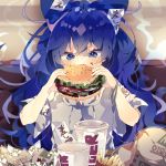  1girl bangle blue_bow blue_eyes blue_hair blush bow bracelet colored_eyelashes commentary_request cup eating food french_fries grey_hoodie hair_bow hamburger highres holding holding_food jewelry long_hair nikorashi-ka solo sweat touhou upper_body very_long_hair yorigami_shion 
