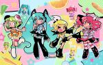  4girls ahoge black_sleeve_cuffs bow buttons double-breasted double-parted_bangs drill_hair grey_jacket grey_skirt gumi hair_between_eyes hair_bow hatsune_miku highres jacket kagamine_rin kasane_teto kasane_teto_(sv) looking_at_viewer multiple_girls musical_staff musical_staff_print nendoroid red_eyes red_hair red_trim ribbon shirt shoulder_belt shoulder_boards skirt sleeve_cuffs smile striped_clothes striped_jacket synthesizer_v twin_drills utau vocaloid white_bow white_ribbon yanana_ua 