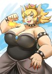  alternate_species animal_humanoid big_breasts blonde_hair blue_eyes bowser bowsette_meme breasts clothing collar colored_nails crown dress female fire hair horn humanoid humanoidized jewelry koopa_humanoid looking_at_viewer mario_bros nails nintendo ocaritna overweight overweight_female pale_skin piercing red_nails scalie scalie_humanoid smile solo spiked_collar spikes super_crown video_games wide_hips 