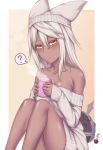  1girl blush breasts cleavage closed_mouth dark_skin guilty_gear guilty_gear_xrd hat highres long_hair looking_at_viewer off_shoulder orange_eyes ramlethal_valentine ribbed_sweater simple_background soukitsu sweater white_hair 