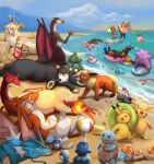 ambiguous_gender anthro arcanine beach beedrill biped black_body black_fur blue_body blue_eyes blue_sky brown_shell bulbasaur charizard cloud day dipstick_ears ditto_(pokemon) dot_eyes ear_markings eevee eeveelution espeon eyes_closed facial_markings feral fire flaming_tail flareon fur generation_1_pokemon generation_2_pokemon generation_3_pokemon generation_7_pokemon generation_9_pokemon group gyarados head_markings hi_res hoppip horn jigglypuff krabby lapras large_group legendary_pokemon lugia luvdisc lying markings membrane_(anatomy) membranous_wings mew_(pokemon) mountain mouth_closed multicolored_ears nintendo on_back on_front open_mouth open_smile orange_body orange_fur outside pikachu pink_eyes pink_wings pokemon pokemon_(species) poliwag popplio psyduck purple_body quadruped red_body red_markings red_wings roobin sand_castle sculpture seaside shell shovel simple_eyes sitting sky sleeping smile squirtle standing striped_arms tail tan_shell tools totodile umbreon water white_body white_fur wiglett wings yellow_body yellow_fur yellow_markings