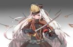  0cr 1girl altair_(re:creators) brown_eyes floating_hair gauntlets gradient gradient_background grey_background gun hat highres holding holding_sword holding_weapon long_hair looking_at_viewer military military_hat military_uniform re:creators rifle saber_(weapon) silver_hair solo sword uniform very_long_hair weapon 