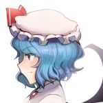  1girl bat_wings blue_hair boa_(brianoa) bow closed_mouth collared_shirt eyebrows_visible_through_hair hair_ornament hat hat_bow highres jewelry necklace pillow_hat portrait profile red_bow red_eyes remilia_scarlet shirt short_hair sideways_mouth simple_background slit_pupils smile solo touhou white_background white_shirt wings 