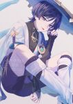  1boy anemo_symbol_(genshin_impact) armor between_legs black_bodysuit black_bridal_gauntlets black_leggings black_shorts blue_gemstone blue_hat blue_kimono blue_sleeves bodysuit bridal_gauntlets covered_collarbone curled_fingers eyelashes eyeliner eyeshadow fingernails furisode gem genshin_impact gold hand_between_legs hand_up hat highres japanese_armor japanese_clothes jingasa juban kimono kote kurokote layered_kimono layered_sleeves leg_warmers leggings looking_at_viewer makeup male_focus mandarin_collar mirurukka open_clothes open_kimono pom_pom_(clothes) purple_eyes purple_hair purple_rope red_eyeliner red_eyeshadow rope scaramouche_(genshin_impact) short_sleeves shorts shoulder_peek sitting solo tongue tongue_out tsurime vision_(genshin_impact) wanderer_(genshin_impact) watermark white_background white_kimono white_leg_warmers white_sleeves 