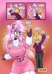 2025 absurd_res anthro armadillo big_breasts blonde_hair blush blush_stickers bodily_fluids breasts clothed clothed_anthro clothed_female clothing coat comic courtney_(jamoart) cricetid dialogue ear_piercing ear_ring english_text extreme_size_difference eyewear female feral glasses gloves grey_body group hair hampt_(jamoart) hamster handwear heart_symbol helene_marilyn hi_res hug jacket jamoart larger_female long_hair male mammal micro_anthro micro_male piercing pink_clothing pink_coat pink_hair pink_topwear ring_piercing rodent scarf semi-anthro size_difference smaller_male speech_bubble tail tears text topwear trio waving_hand wearing_glasses white_scarf xenarthran yellow_eyes