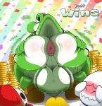 anthro anus backpack balls bent_over big_balls blush boo_(mario) butt clothing coin dinosaur dragon english_text footwear footwear_only gaping gaping_anus genitals gold_(metal) gold_coin green_body green_skin green_yoshi half-closed_eyes hi_res koopa koopa_troopa male mario_bros mask mostly_nude mrt0ony mythological_creature mythological_scalie mythology narrowed_eyes nintendo open_mouth open_smile perineum prehistoric_species presenting presenting_anus presenting_balls presenting_hindquarters reptile scalie shoes shoes_only shyguy smile solo_focus sound_effects spread_butt spreading text turtle white_body white_skin yoshi