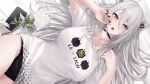  1girl absurdres ahoge animal_ear_fluff animal_ear_piercing animal_ears black_choker black_nails black_panties breasts choker commentary double-parted_bangs grey_eyes grey_hair hair_between_eyes highres hololive jewelry lace-trimmed_panties lace_trim large_breasts lion_ears lion_tail long_hair looking_at_viewer lying messy_hair nail_polish necklace no_pants official_alternate_costume official_alternate_hairstyle on_back open_mouth panties print_shirt shirt shishiro_botan shishiro_botan_(casual) solo symbol-only_commentary t-shirt tail underwear very_long_hair virtual_youtuber wanne white_shirt 