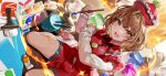  1girl blush brown_eyes brown_hair bucket commentary_request game_cg hat holding holding_paintbrush long_sleeves looking_at_viewer lyrica_prismriver medium_hair official_art open_mouth paint paint_stains paint_tube paintbrush red_skirt red_vest short_hair sitting skirt smile solo sparkle third-party_source touhou touhou_gensou_eclipse ueo_(ueooo) vest 