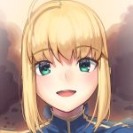  1girl :d ahoge artoria_pendragon_(all) bangs blonde_hair blue_dress boa_(brianoa) dress eyebrows_visible_through_hair fate/stay_night fate_(series) green_eyes highres light_blush looking_at_viewer open_mouth portrait round_eyewear saber smile solo turtleneck twitter_username upper_teeth 