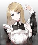  1girl apron blonde_hair blood blood_on_face bloody_apron bloody_clothes blue_eyes commentary cuffs dismemberment expressionless eyebrows_visible_through_hair gradient gradient_background hair_ornament hairclip handcuffs hands_up head_tilt highres long_hair long_sleeves looking_at_viewer maid maid_apron original solo take_(trude1945oneetyan) upper_body 