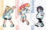  3girls amano_pikamee arm_up baggy_clothes bangs blonde_hair blue_legwear blunt_bangs boots character_name collared_jacket dark_blue_hair fiery_hair full_body hands_in_pockets headband hikasa_tomoshika hood hoodie jacket jitomi_monoe jumping long_hair lowres midriff moyasiwhite multicolored_hair multiple_girls open_mouth orange_hair parody pixel_art pokemon sandals shoes short_hair shorts sleeves_past_wrists smile standing style_parody twintails two-tone_hair virtual_youtuber voms 