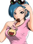  1girl animal_print artist_request blue_hair candy chocolate chocolate_heart food frog_print hand_in_hair heart highres may_lee pink_shirt shirt short_hair simple_background sunglasses taberarerutour1 the_king_of_fighters white_background 