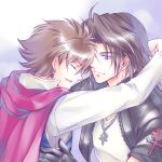 2boys bartz_klauser black_jacket blue_eyes brown_hair cape closed_eyes commentary_request earrings final_fantasy final_fantasy_v final_fantasy_viii happy_birthday jacket jewelry male_focus multiple_boys necklace open_mouth red_cape shijou_satori shirt short_hair smile squall_leonhart upper_body white_shirt 
