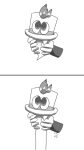 9:16 absurd_res animate_(disambiguation) blank_stare cappy_(mario) cartoon_eyes clothing dumbun ejaculation hands-free hat hat_only headgear headgear_only headwear headwear_only hi_res inanimate_object legless lifting long_body male mario_bros monochrome mostly_nude nintendo no_glow not_furry questionable_consent raised_arm shadow235711 simple_background solo super_mario_odyssey thinking what white_body