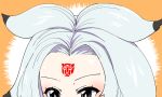  1girl autobot black_eyes forehead forehead_tattoo fossilized_wonders houjuu_chimi long_hair nekobatake orange_background solo touhou transformers white_hair 