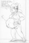  2007 abdominal_bulge anthro belly big_belly clothing disney english_text female fur hair hand_on_stomach leovictor mammal monochrome navel pregnant rebecca_cunningham speech_bubble talespin text traditional_media_(artwork) unbuttoned ursid worried 