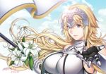  1girl armor armored_dress banner bare_shoulders black_gloves blonde_hair blue_eyes blue_sky breasts chain cloud commentary_request fate/apocrypha fate/grand_order fate_(series) flag flower gauntlets gloves headpiece hiyoshi_hana jeanne_d&#039;arc_(fate) jeanne_d&#039;arc_(fate)_(all) large_breasts long_hair looking_at_viewer outstretched_hand parted_lips signature sky standard_bearer very_long_hair 