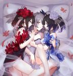  3girls bed_sheet black_hair blue_eyes blue_flower blue_hair blue_ribbon breast_grab bronya_zaychik china_dress chinese_clothes commentary_request devilsw dress dress_flower drill_hair flower grabbing gradient_hair grey_eyes grey_hair hair_flower hair_ornament honkai_(series) honkai_impact_3rd hug long_hair looking_at_another lying medium_hair multicolored multicolored_clothes multicolored_dress multicolored_hair multiple_girls on_back on_bed on_side petals pillow red_eyes red_flower red_hair ribbon seele_vollerei sidelocks thighhighs veil veliona white_legwear yuri 