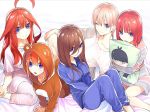  5girls :&gt; :d ;&gt; ahoge all_fours bangs bear_hood bed_sheet blue_dress blue_eyes blue_pajamas blue_pants blunt_bangs breasts brown_hair character_print closed_mouth collarbone collared_shirt commentary_request cosplay dress eyebrows_behind_hair full_body go-toubun_no_hanayome hair_between_eyes hair_down hand_on_own_knee haruba_negi highres kigurumi knees_up large_breasts lavender_hair long_hair long_sleeves looking_at_viewer multiple_girls nakano_ichika nakano_itsuki nakano_miku nakano_nino nakano_yotsuba on_bed open_mouth orange_hair pajamas pants pillow pillow_hug pink_dress pink_hair pink_pajamas pink_pants quintuplets red_hair ribbon shirt short_hair short_sleeves sidelocks sitting sitting_on_bed smile striped striped_dress uesugi_fuutarou wariza white_shirt 