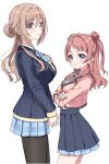  2girls absurdres black_pantyhose blazer blue_jacket blue_overskirt blue_ribbon blue_skirt blush breasts brown_hair brown_jacket commentary_request crossed_arms gakuen_idolmaster hanami_saki highres himesaki_rinami idolmaster jacket kanipoposu large_breasts long_hair looking_at_viewer multiple_girls neck_ribbon pantyhose pleated_skirt ribbon shirt simple_background skirt smile sweater very_long_hair white_background white_shirt yellow_sweater 